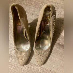 Elegant Beige Gemstone Diamond Studded Women's Heels